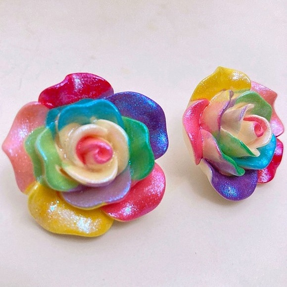 Flower rainbow Rose stud statement earrings Boho multicolor acrylic 💖 - Picture 11 of 17